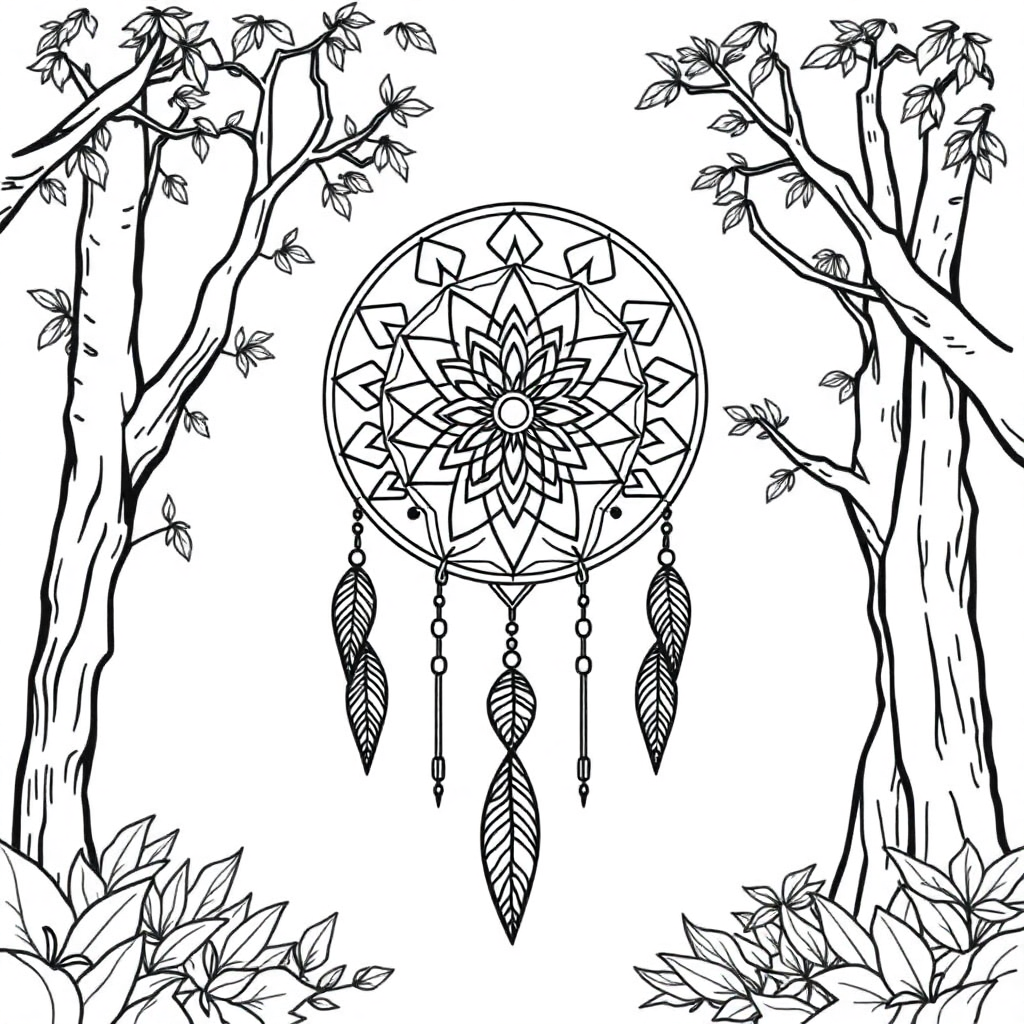 Dreamcatcher Mandala In Forest Coloring Page