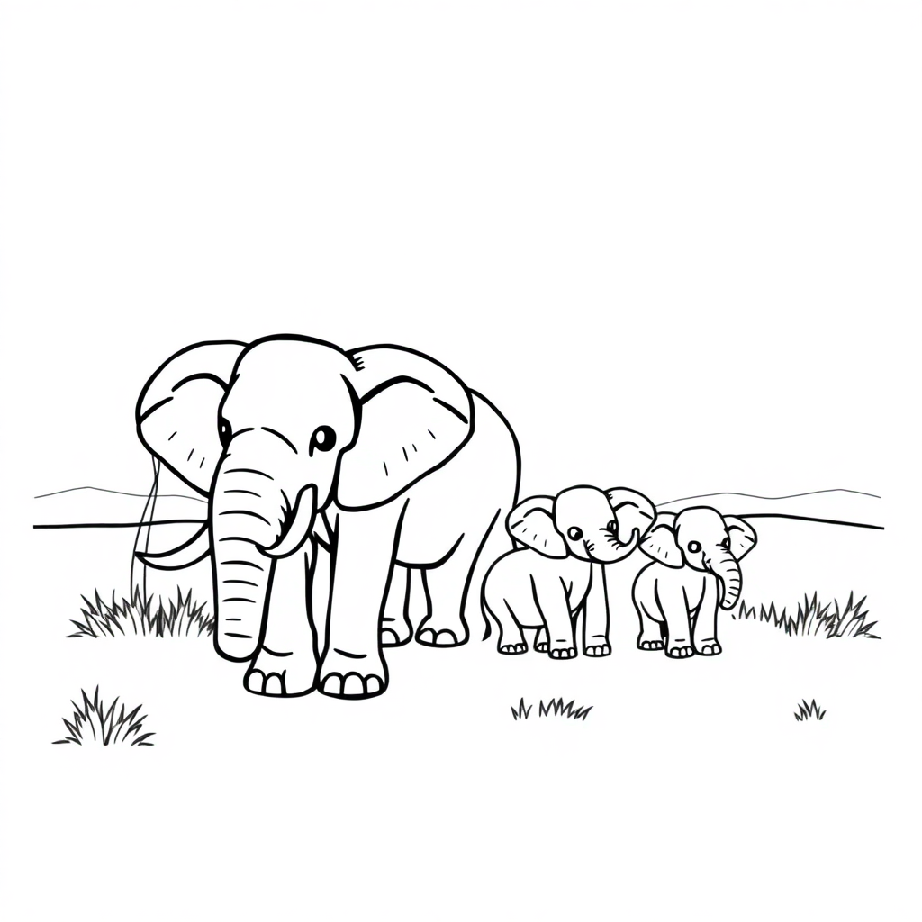 Elephant Family At Sunset Coloring Page