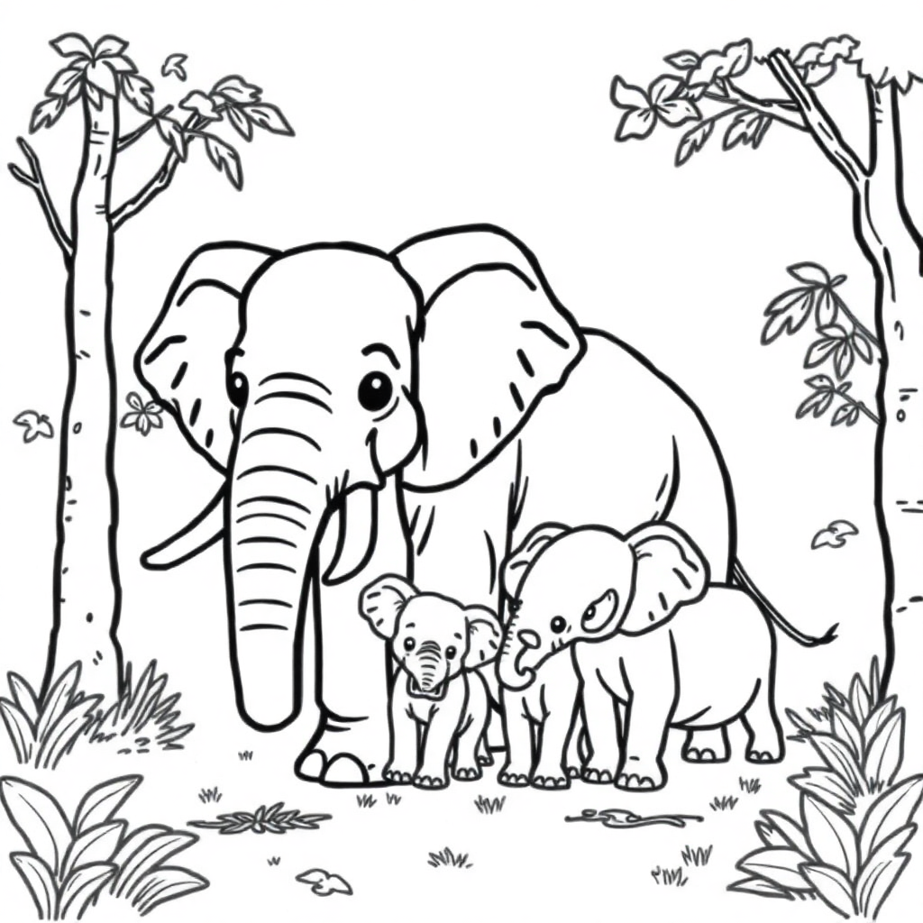 Elephant Family In Forest Coloring Page