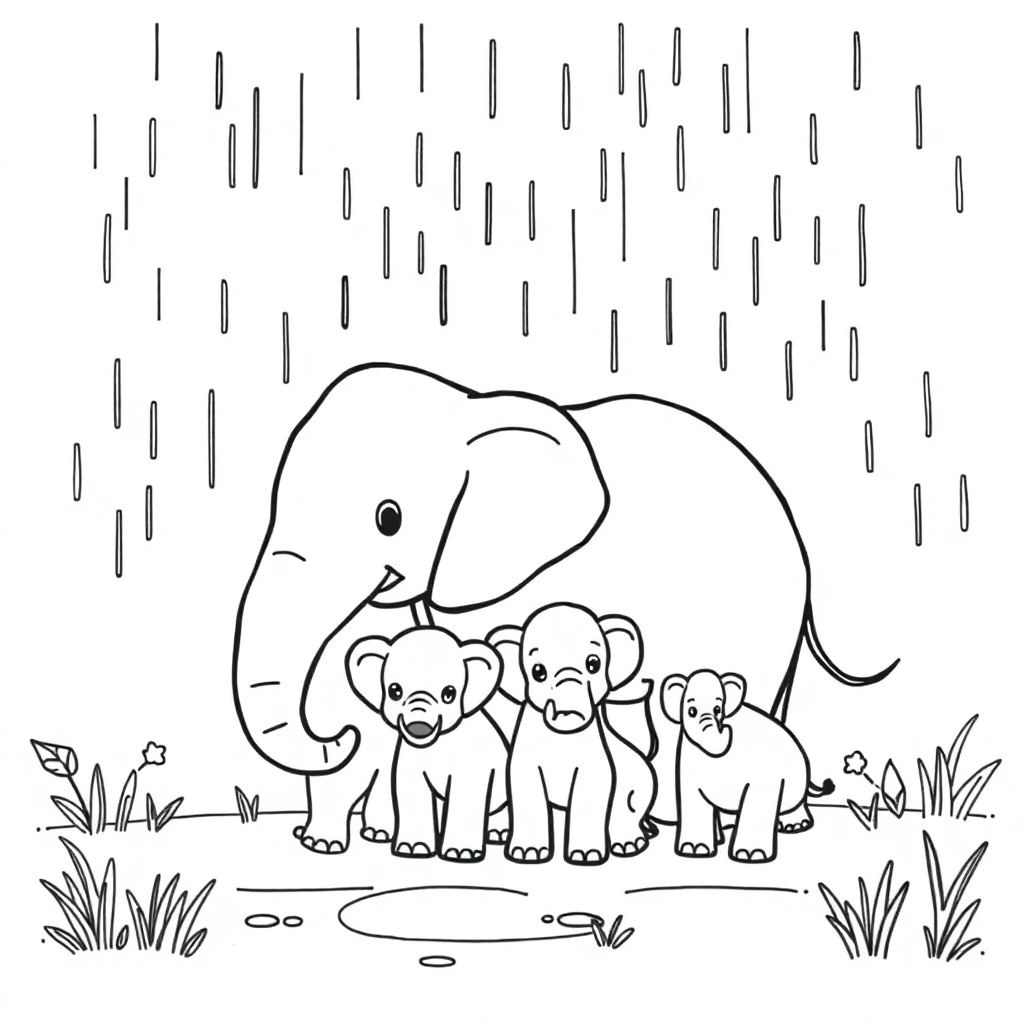 Elephant Family In Rain Coloring Page