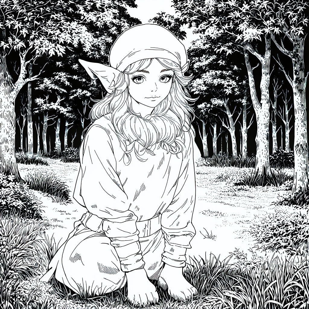 Elf In Forest Coloring Page