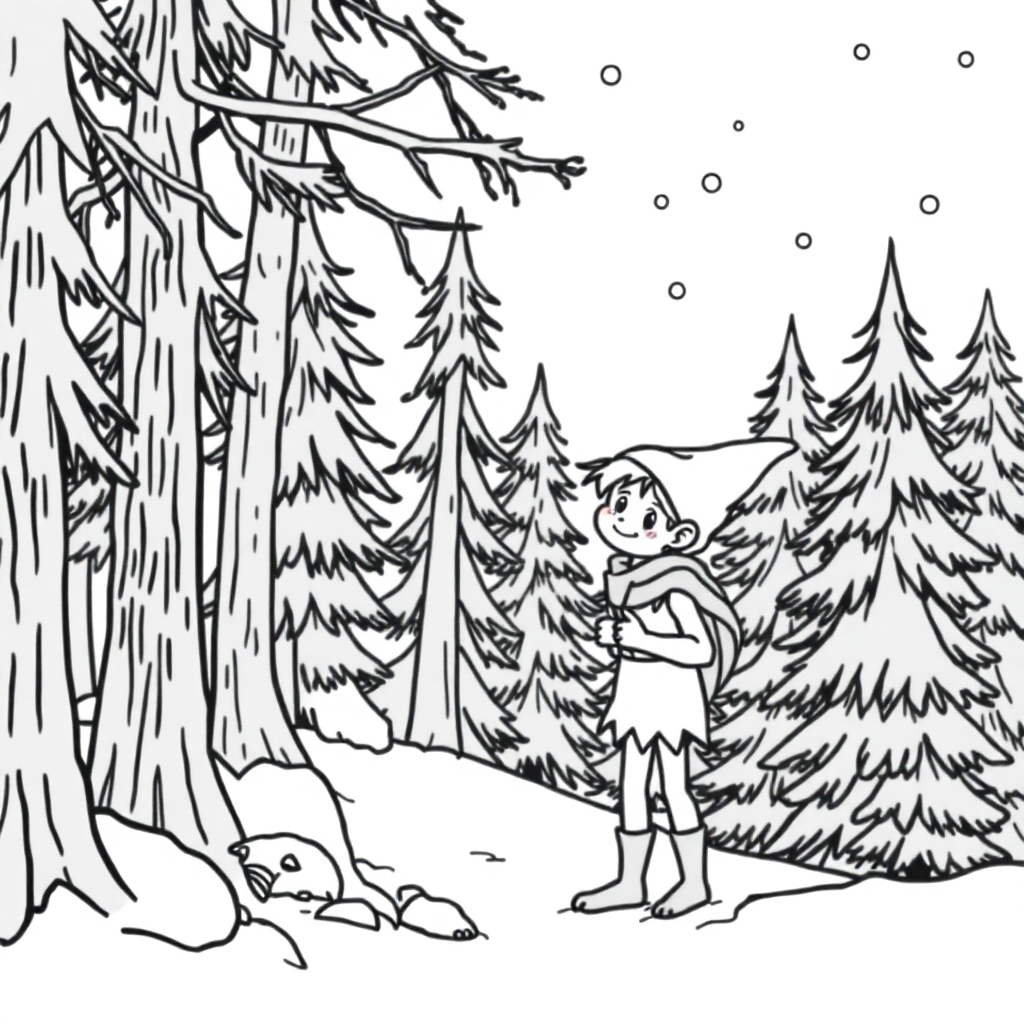 Elf In Forest In Winter Coloring Page