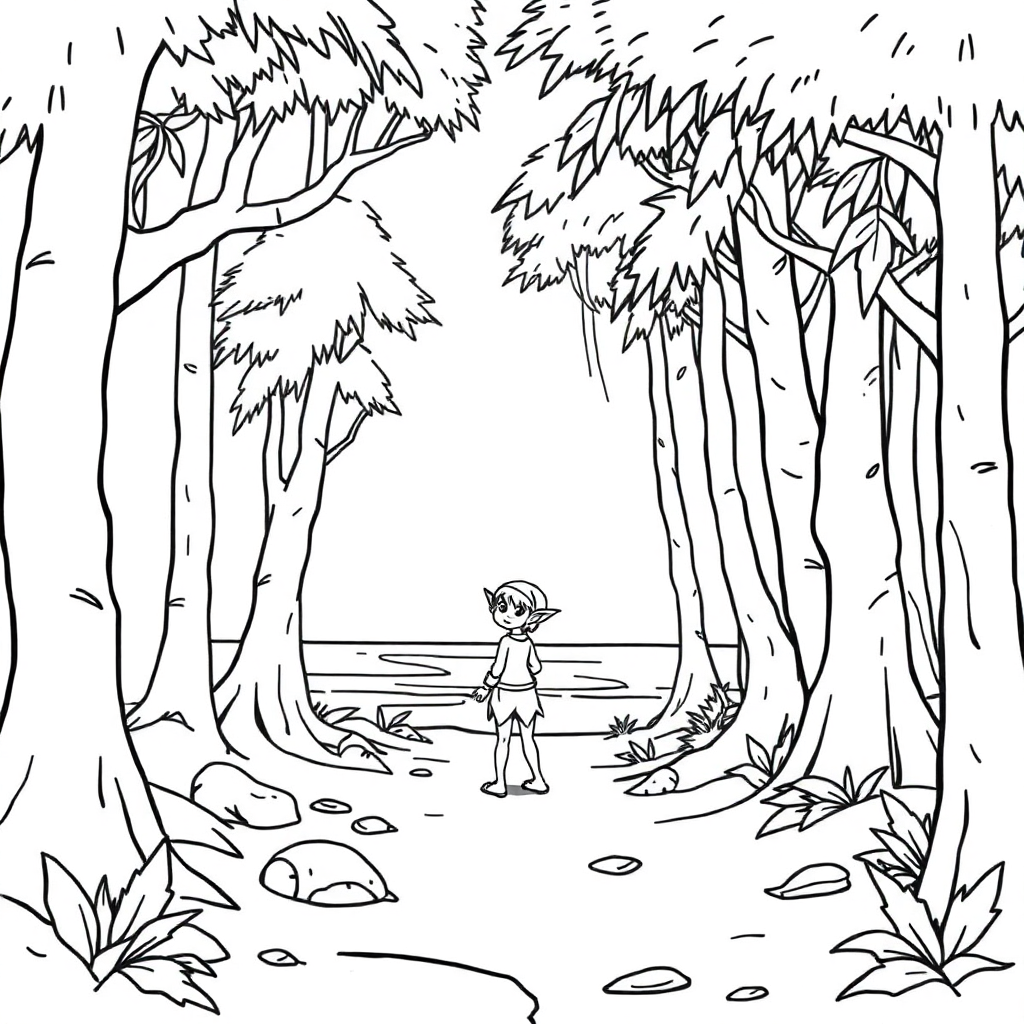 Elf In Forest On Beach Coloring Page