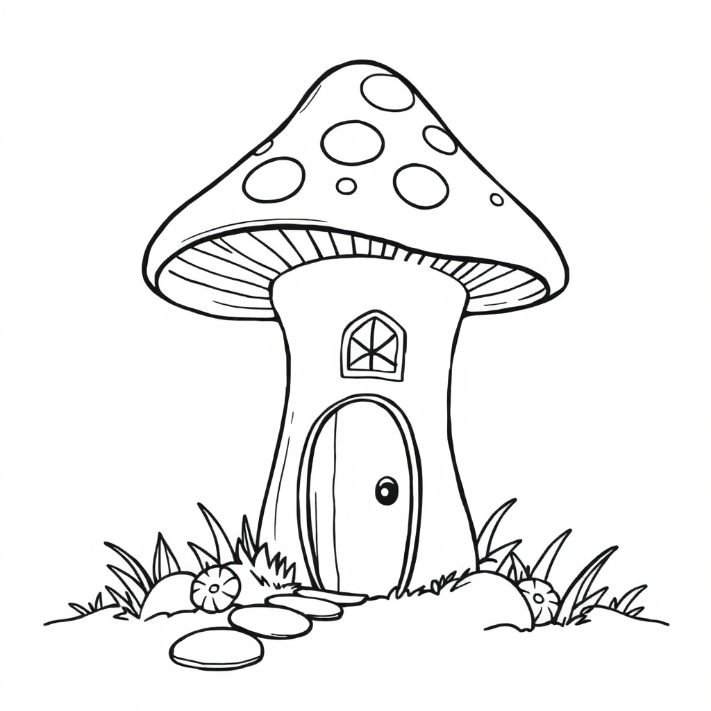 Fairy Mushroom House At Night Coloring Page