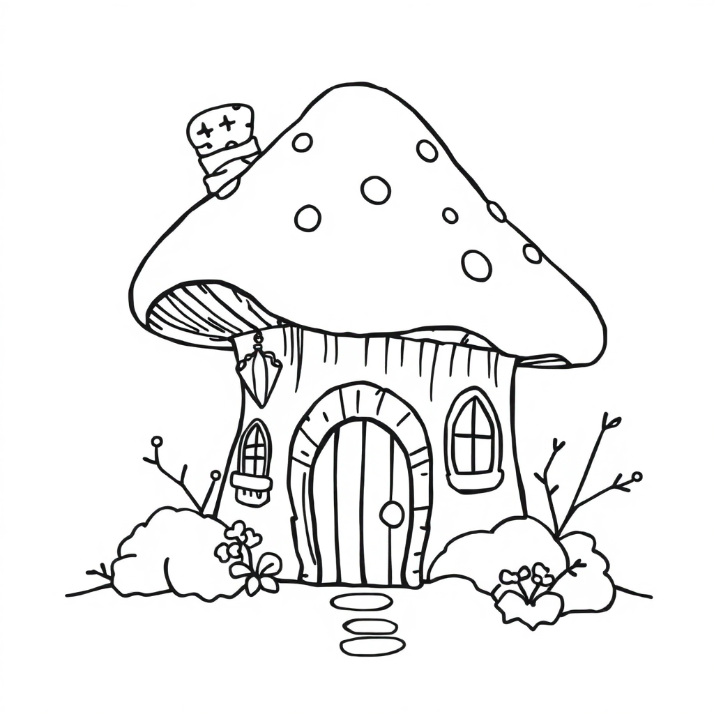 Fairy Mushroom House In Winter Coloring Page