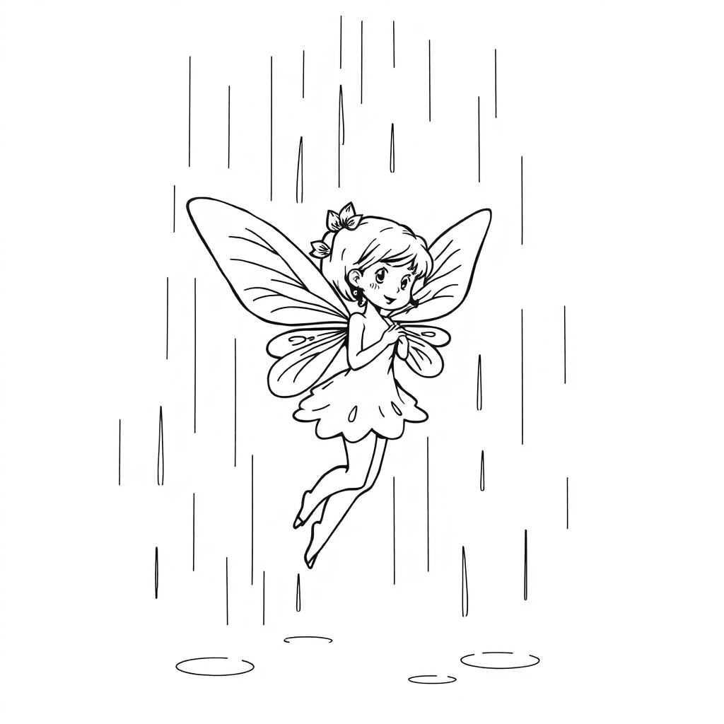 Fairy With Wings In Rain Coloring Page