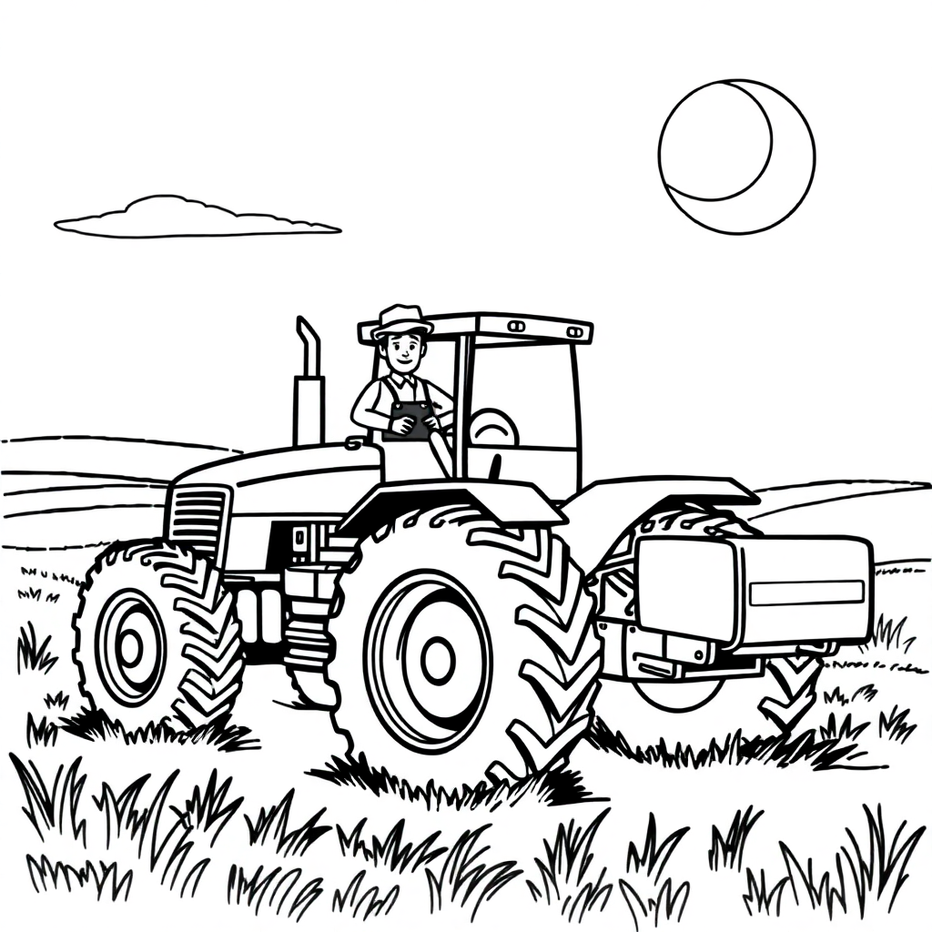 Farmer With Tractor At Night Coloring Page