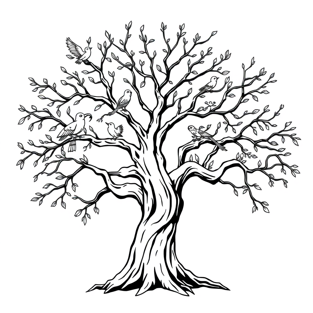 Fierce Tree With Birds Coloring Page