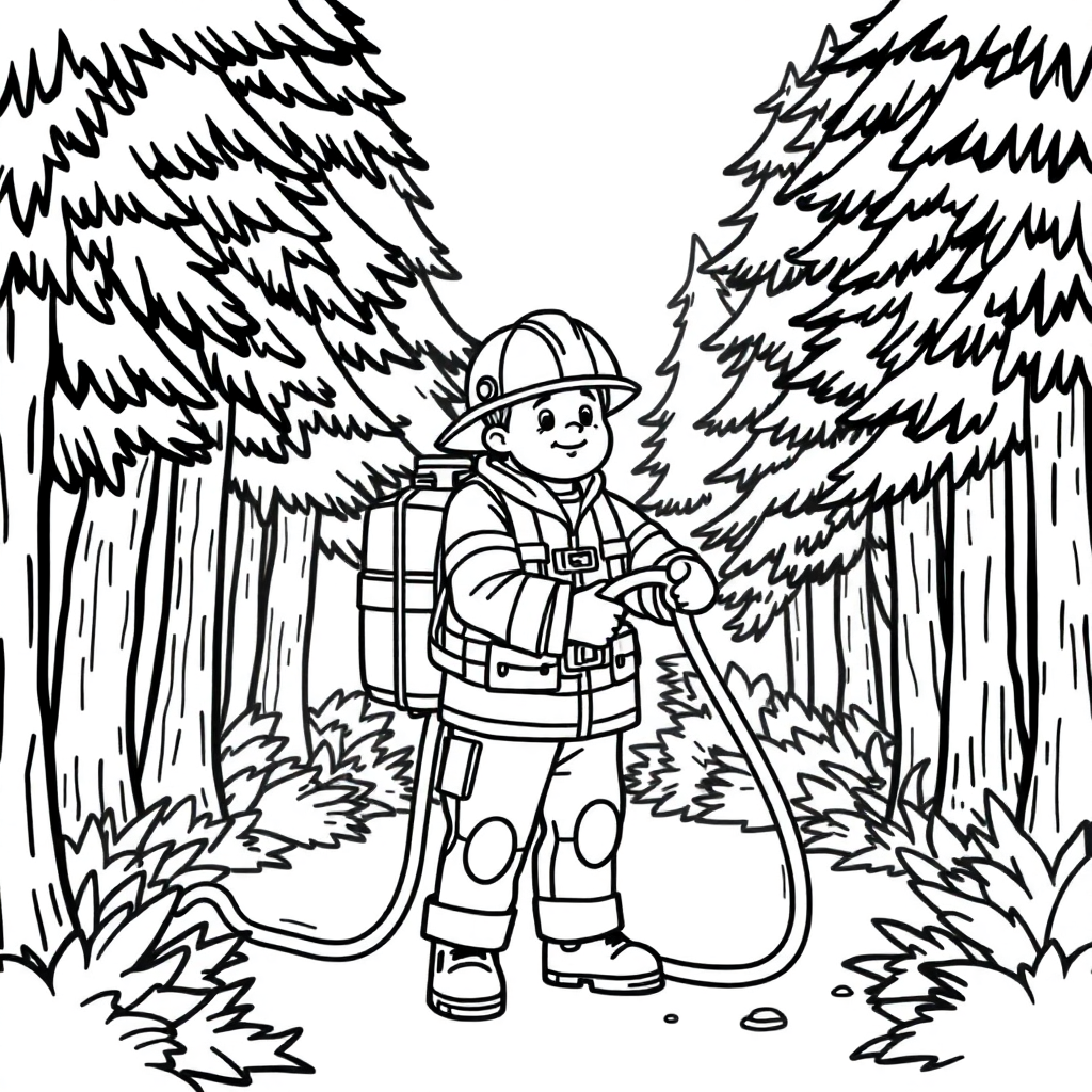 Firefighter With Hose In Forest Coloring Page
