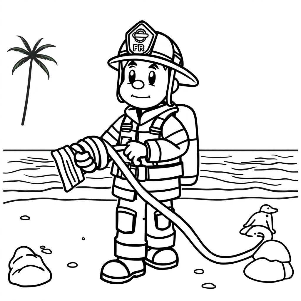 Firefighter With Hose On Beach Coloring Page