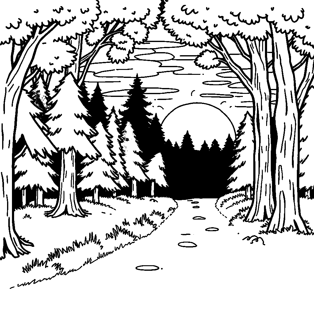 Forest Path At Sunset Coloring Page