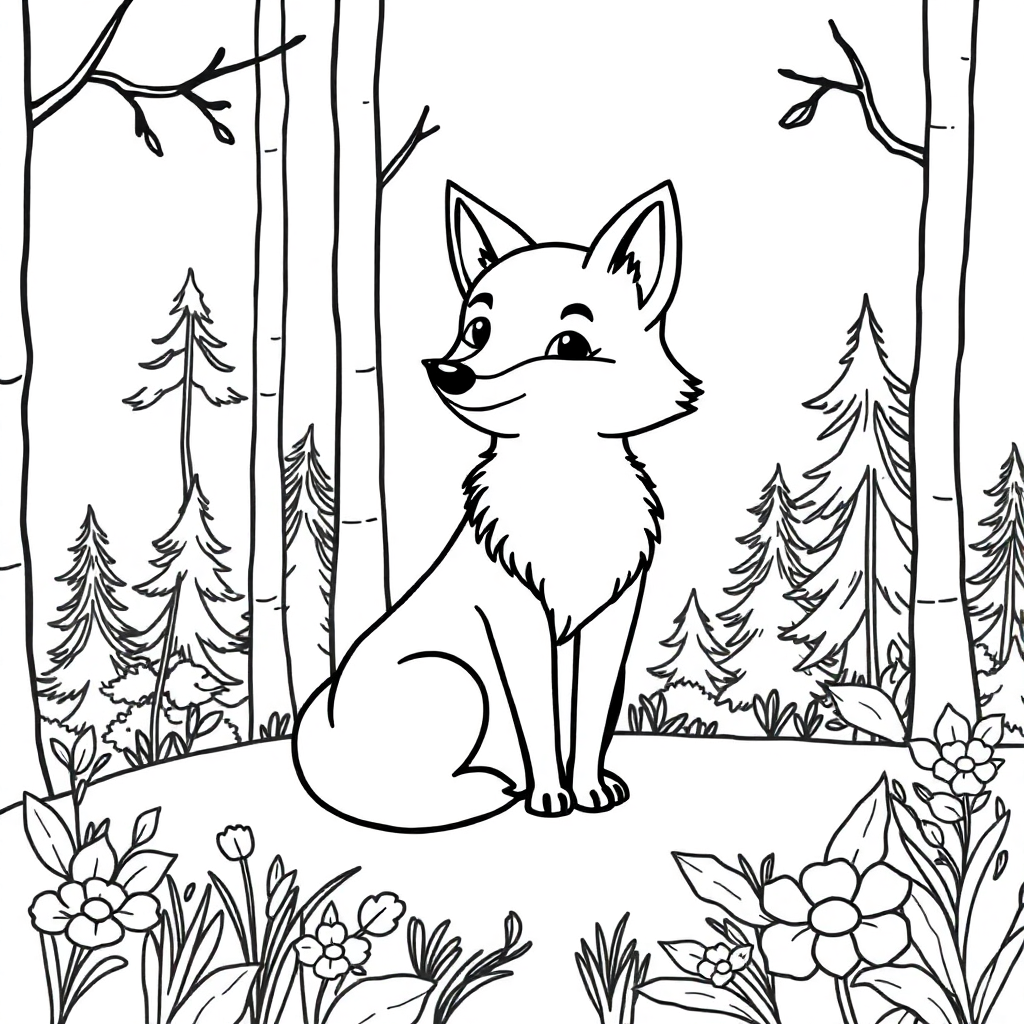 Fox In Forest Coloring Page