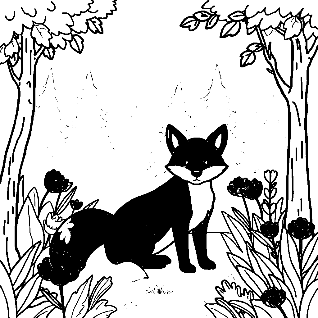 Fox In Forest In Garden Coloring Page