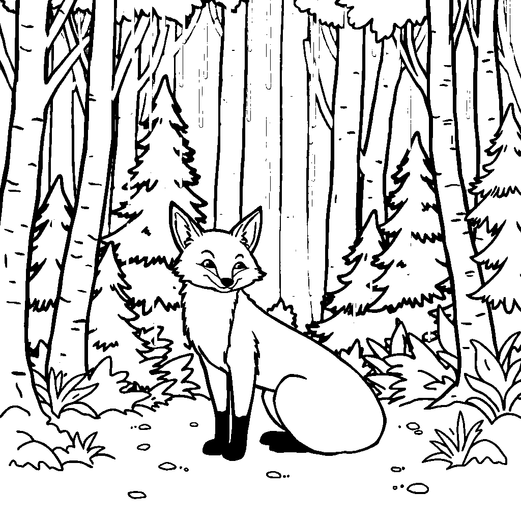Fox In Forest In Rain Coloring Page