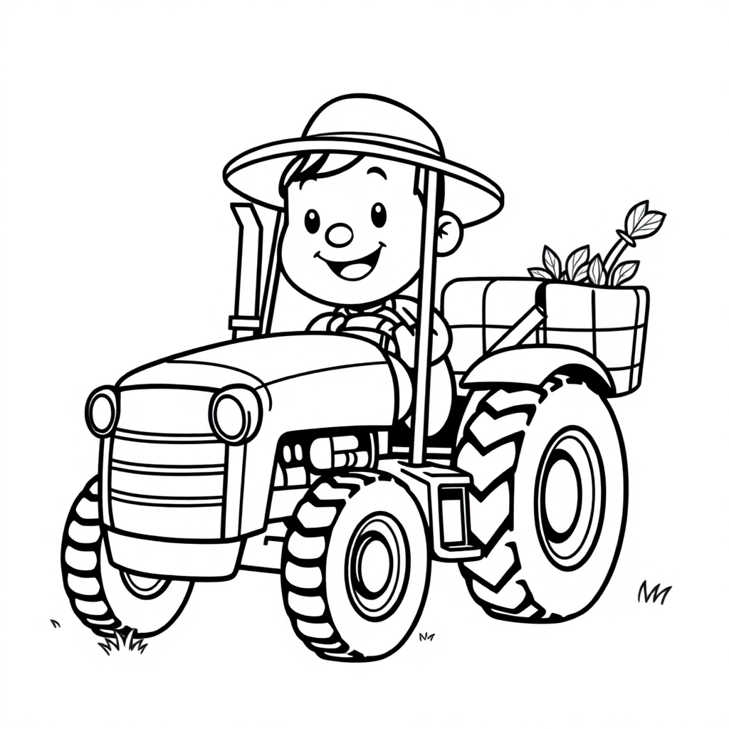 Funny Farmer With Tractor Coloring Page
