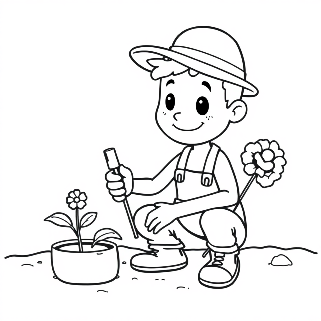 Funny Gardener Planting Coloring Page