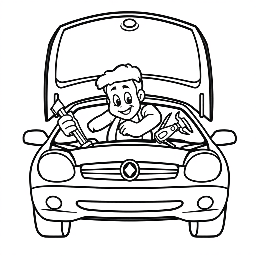 Funny Mechanic Fixing Car Coloring Page