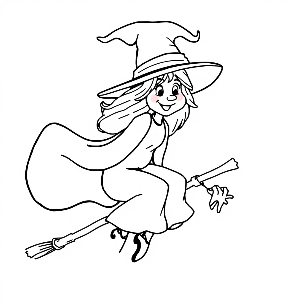 Funny Witch On Broomstick Coloring Page