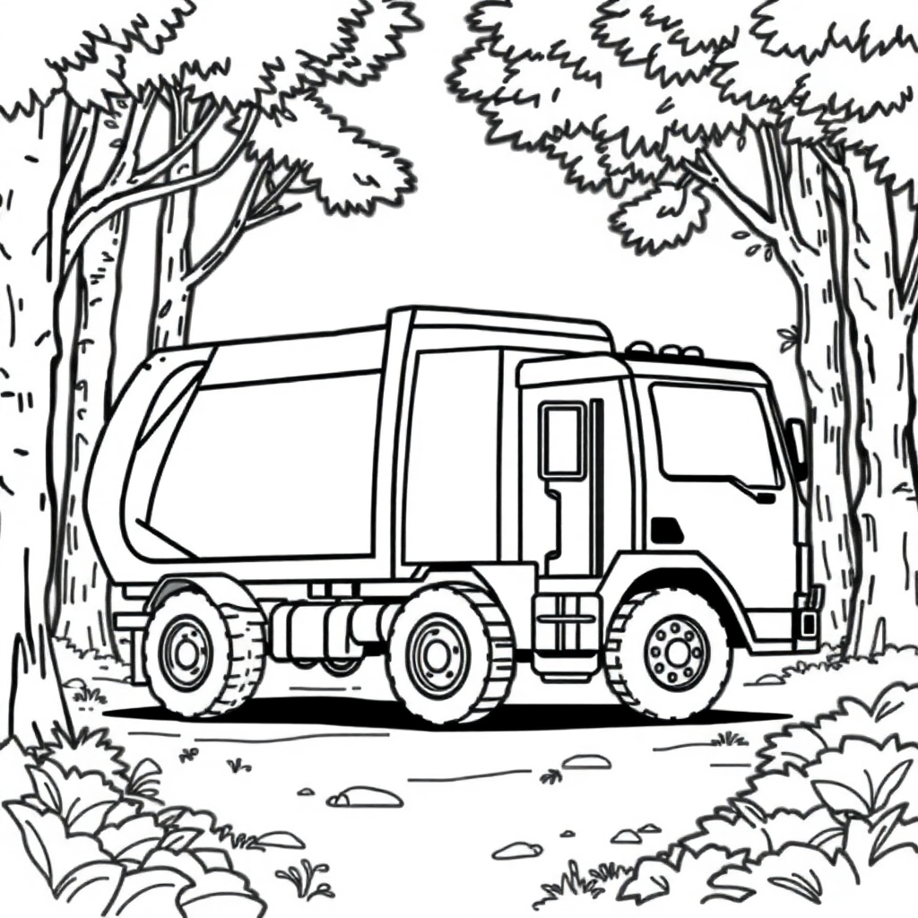 Garbage Truck In Forest Coloring Page