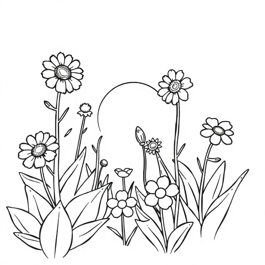 Garden Flowers At Sunset Coloring Page