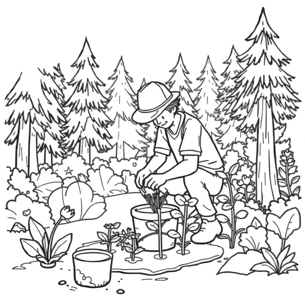 Gardener Planting In Forest Coloring Page