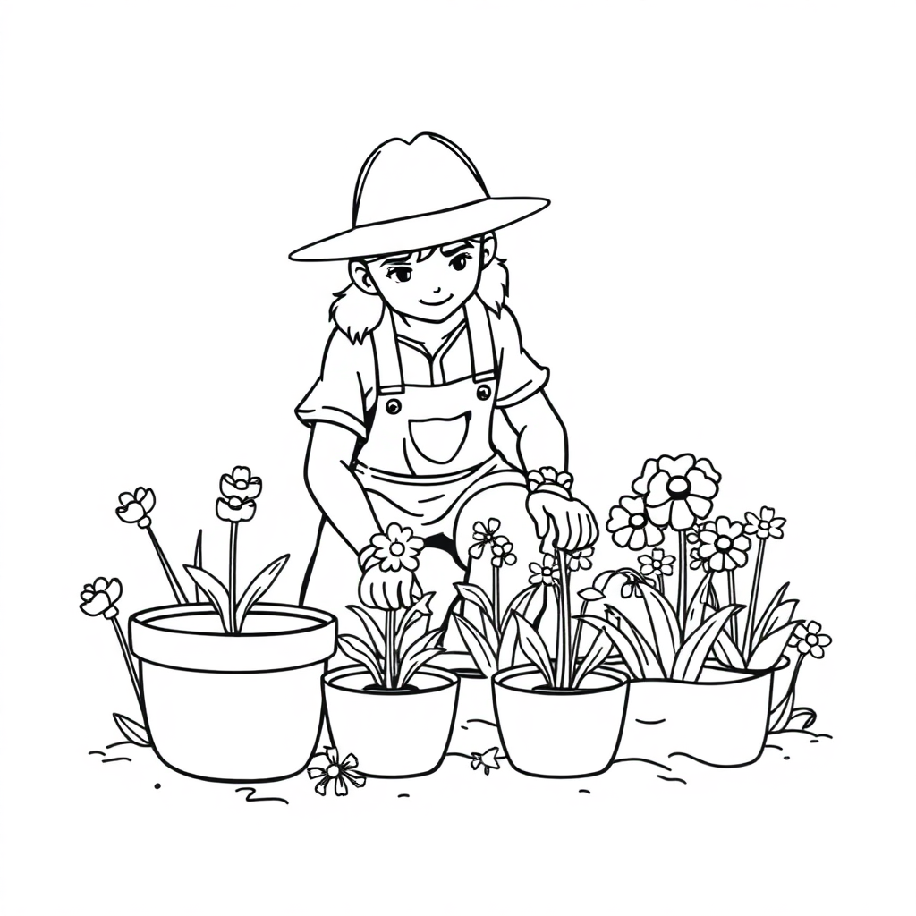 Gardener Planting With Flowers Coloring Page