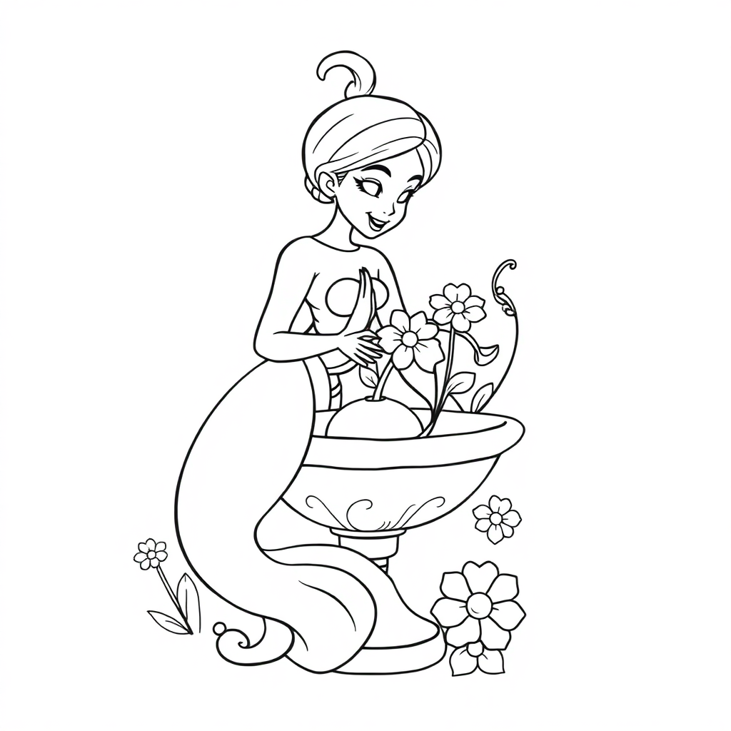 Genie From Lamp With Flowers Coloring Page