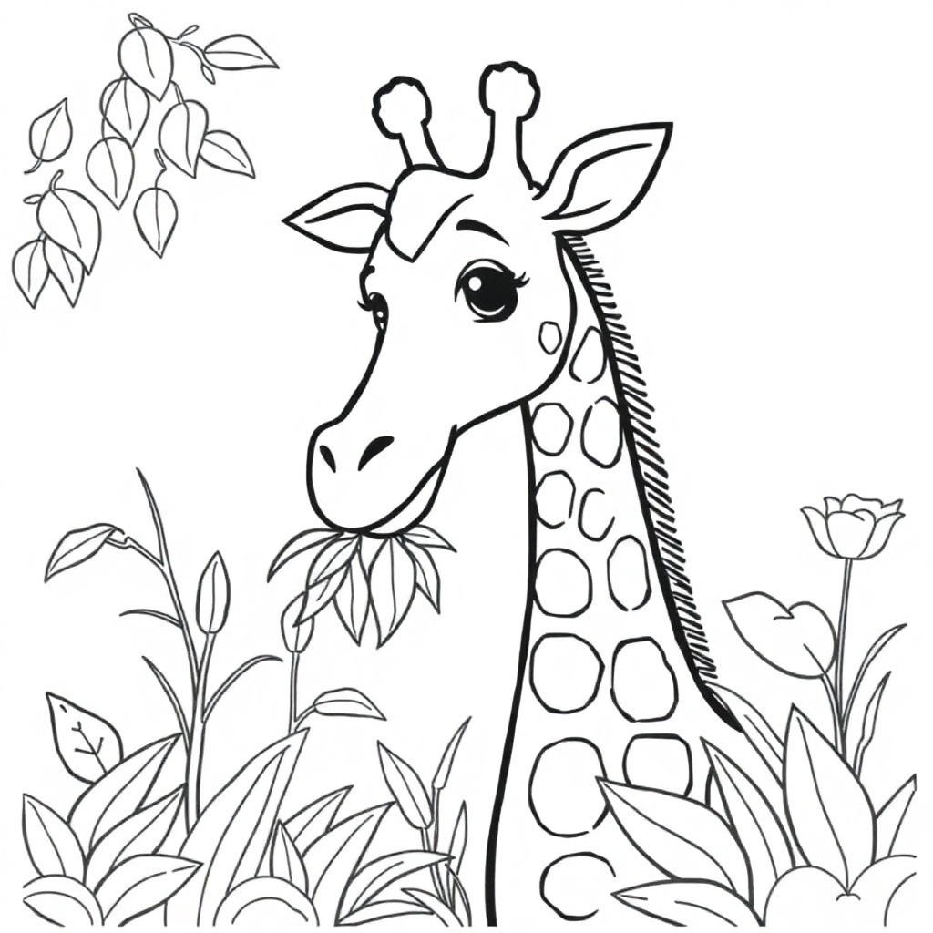 Giraffe Eating Leaves In Garden Coloring Page