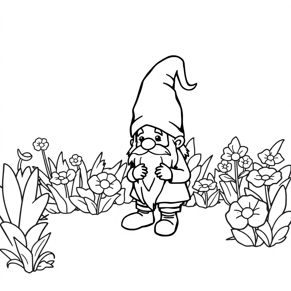 Gnome In Garden At Night Coloring Page