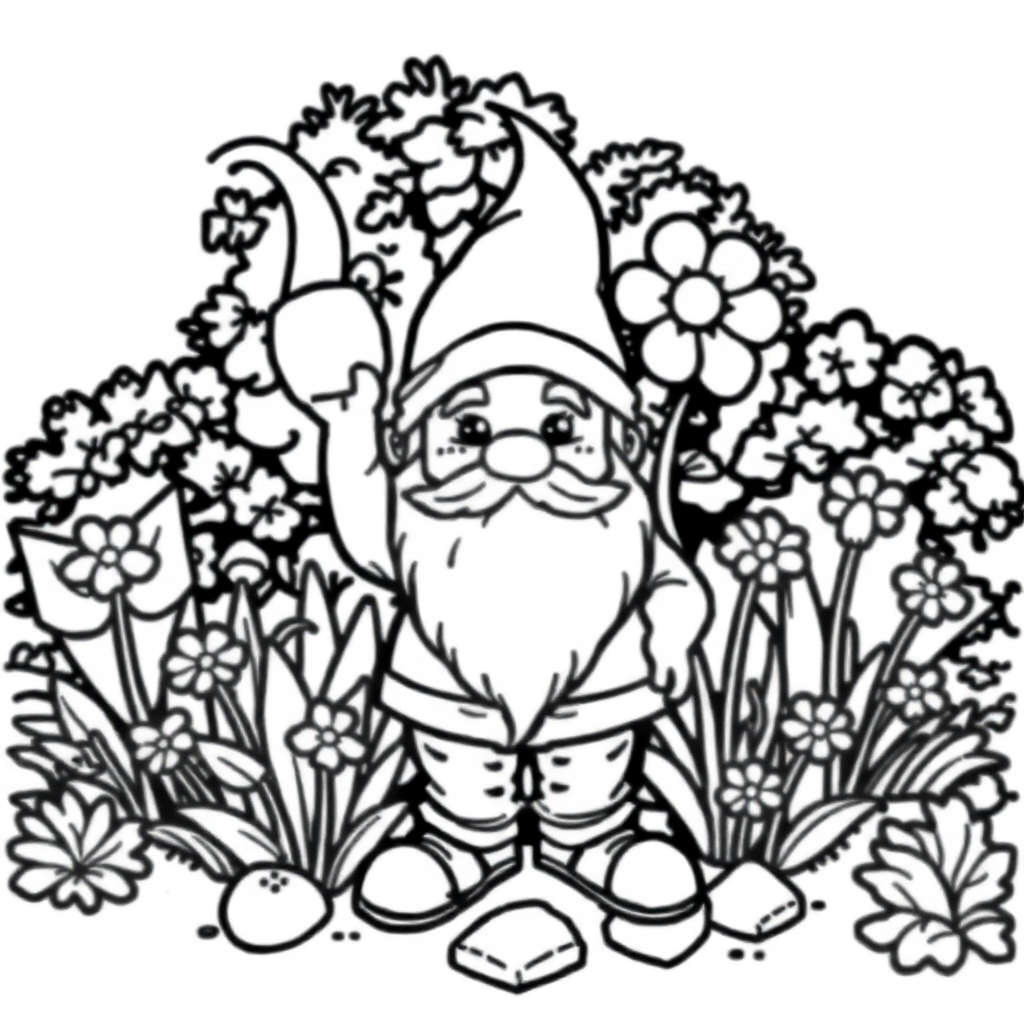 Gnome In Garden Coloring Page