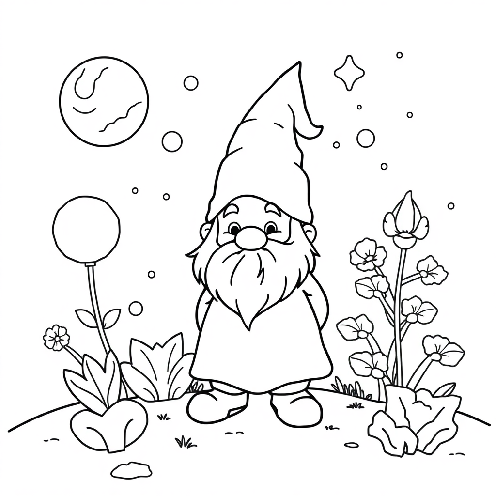 Gnome In Garden In Space Coloring Page