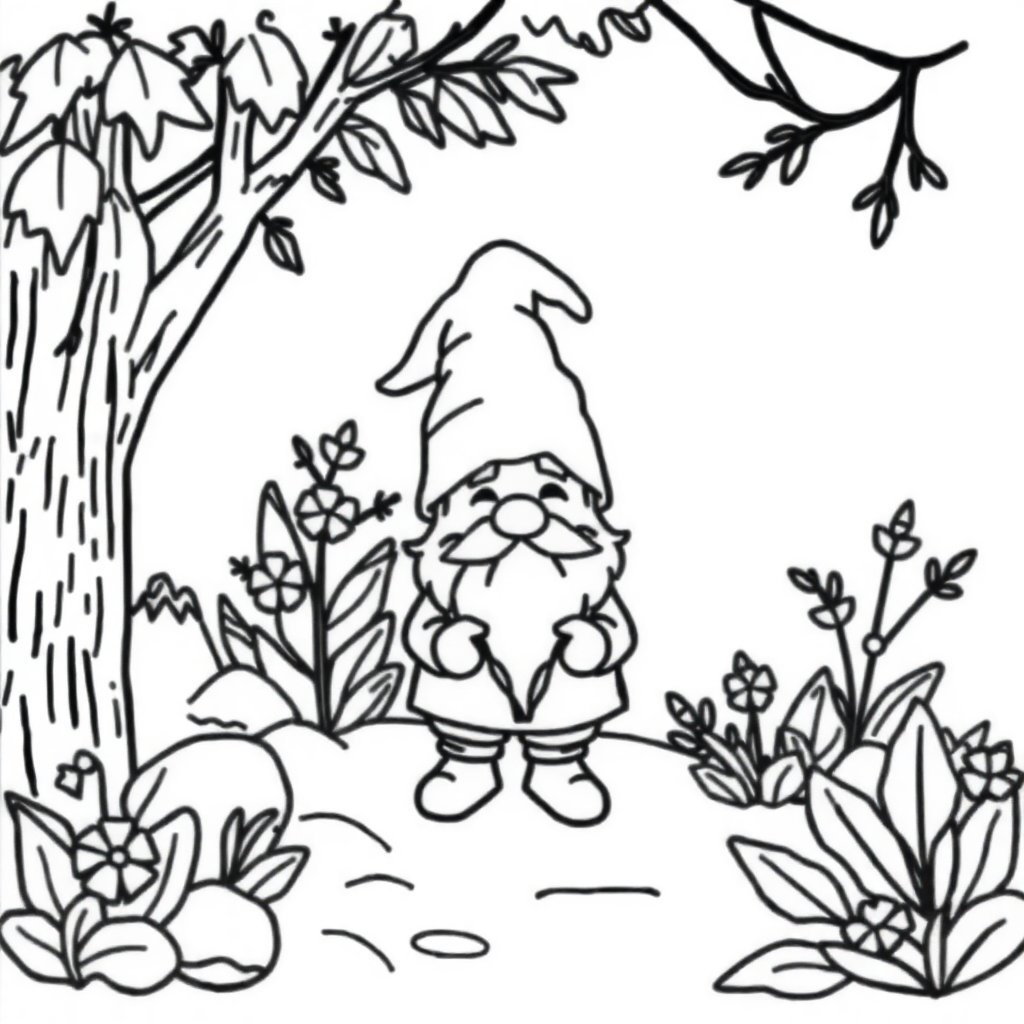 Gnome In Garden In Winter Coloring Page