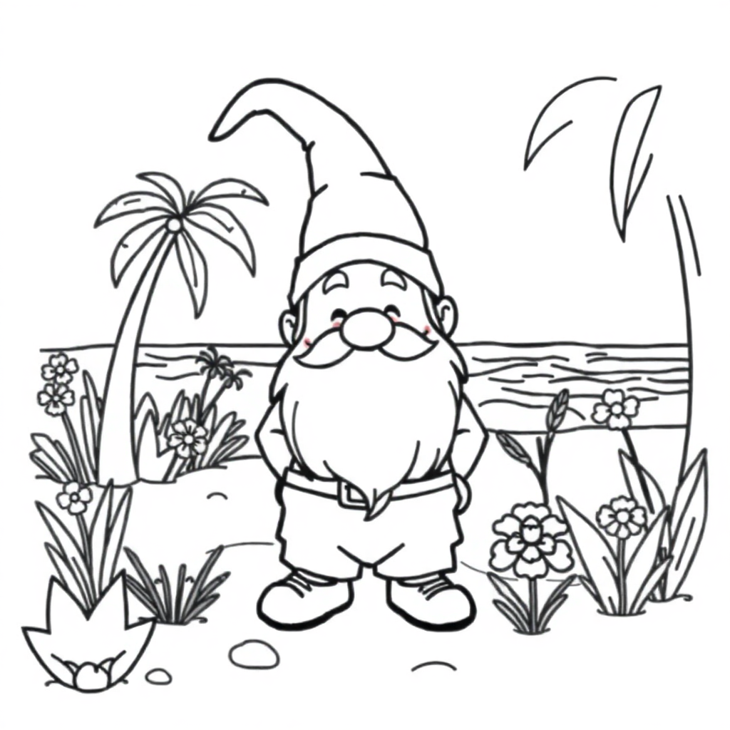 Gnome In Garden On Beach Coloring Page