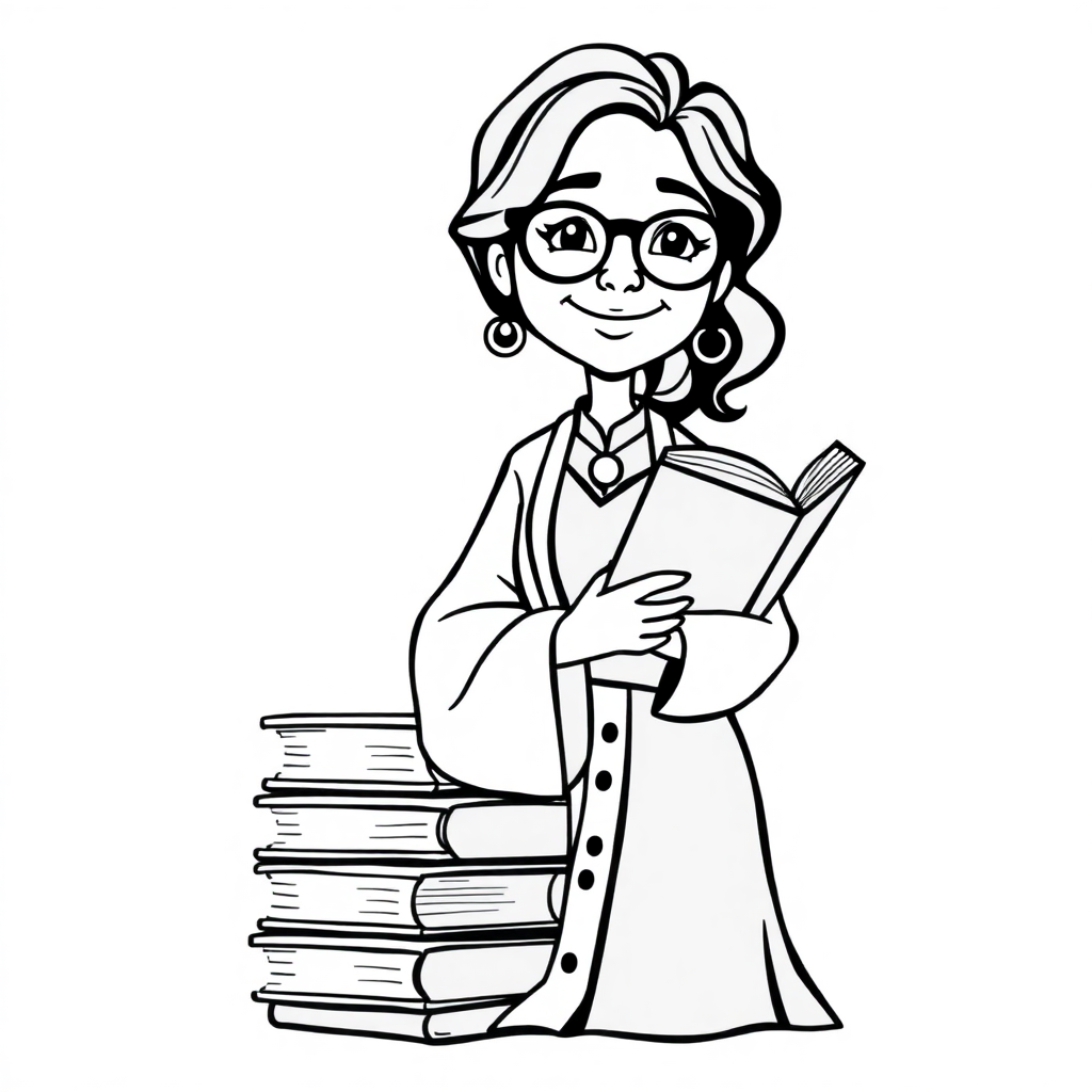 Graceful Librarian With Books Coloring Page