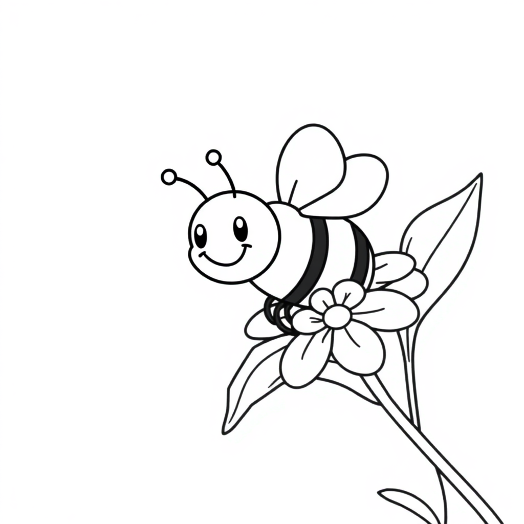 Happy Bee On Flower Coloring Page
