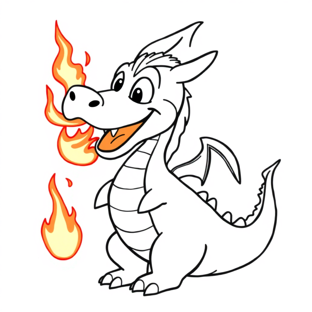 Happy Dragon Breathing Fire Coloring Page