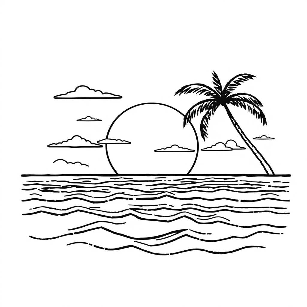 Happy Sunset Over Ocean Coloring Page