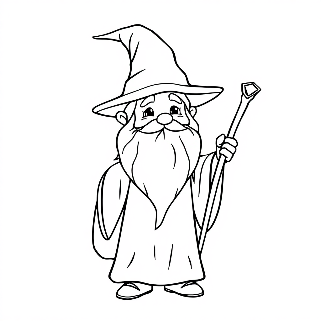 Happy Wizard With Staff Coloring Page
