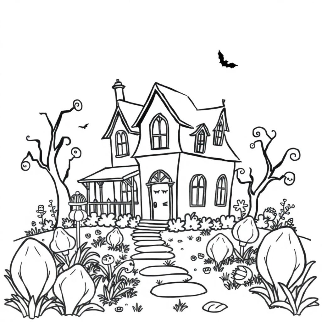 Haunted House In Garden Coloring Page
