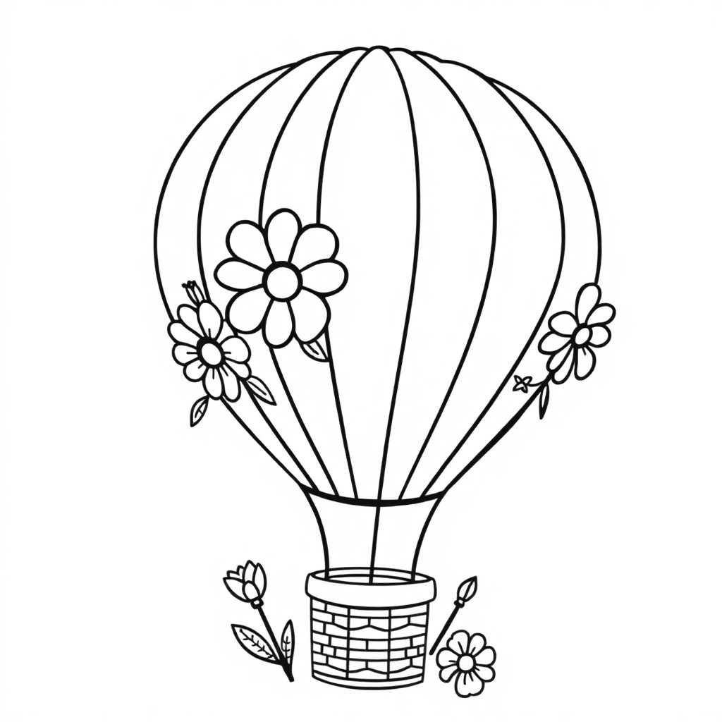 Hot Air Balloon With Flowers Coloring Page