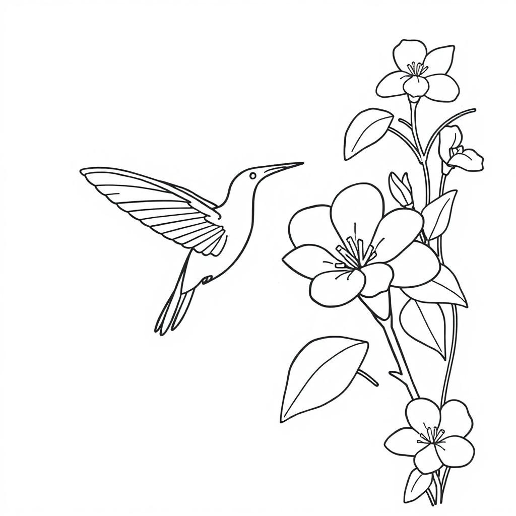Hummingbird Near Flower At Sunset Coloring Page