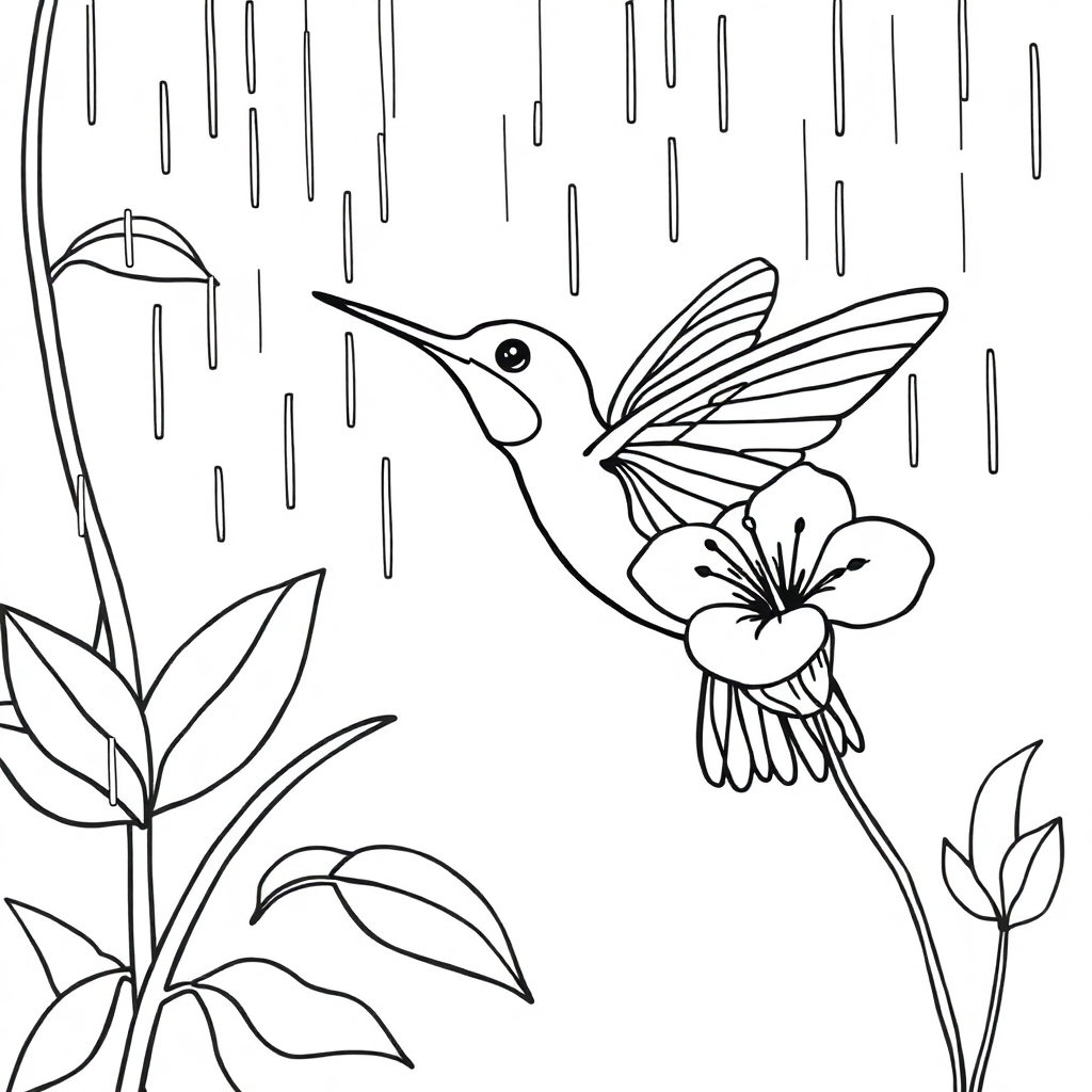 Hummingbird Near Flower In Rain Coloring Page