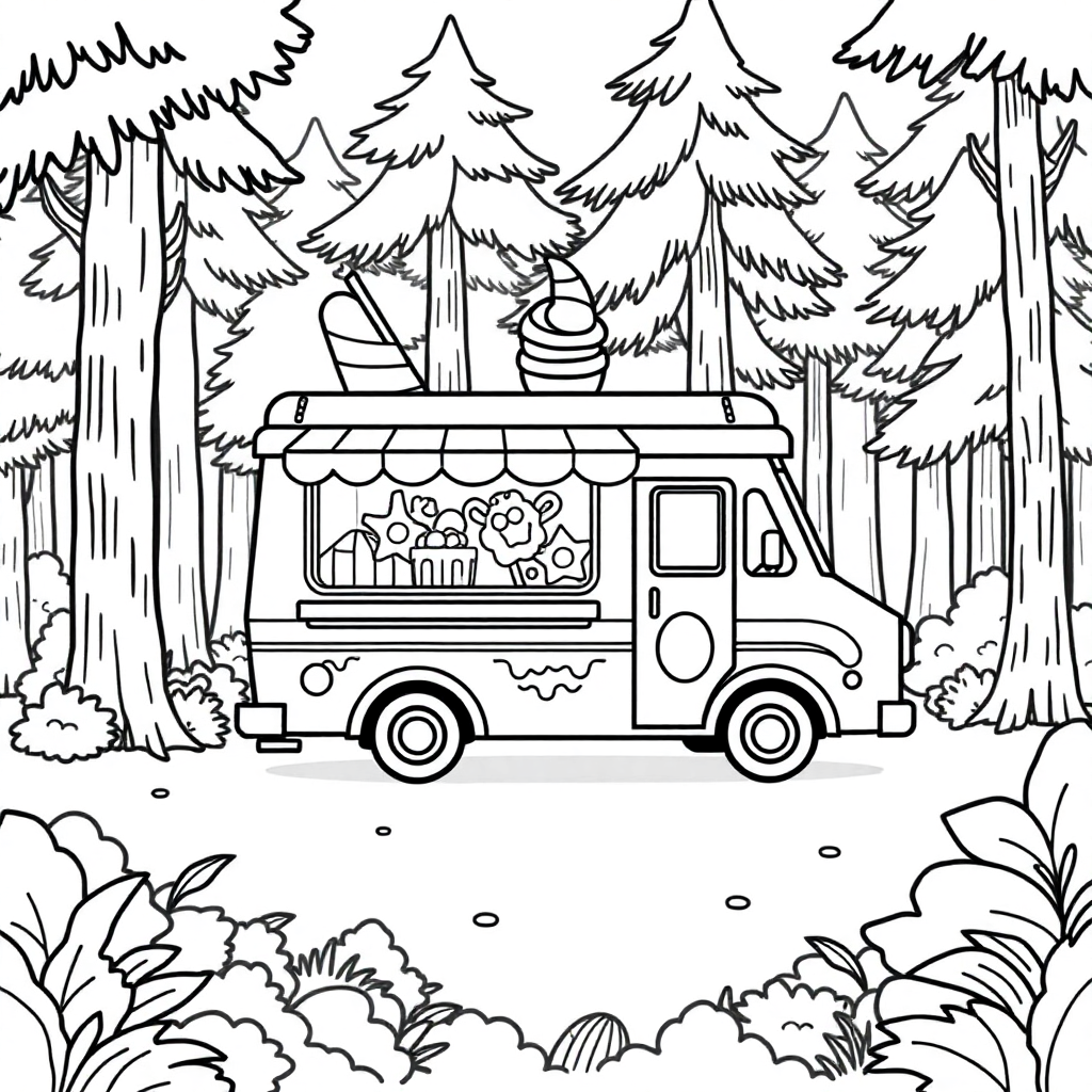 Ice Cream Truck In Forest Coloring Page
