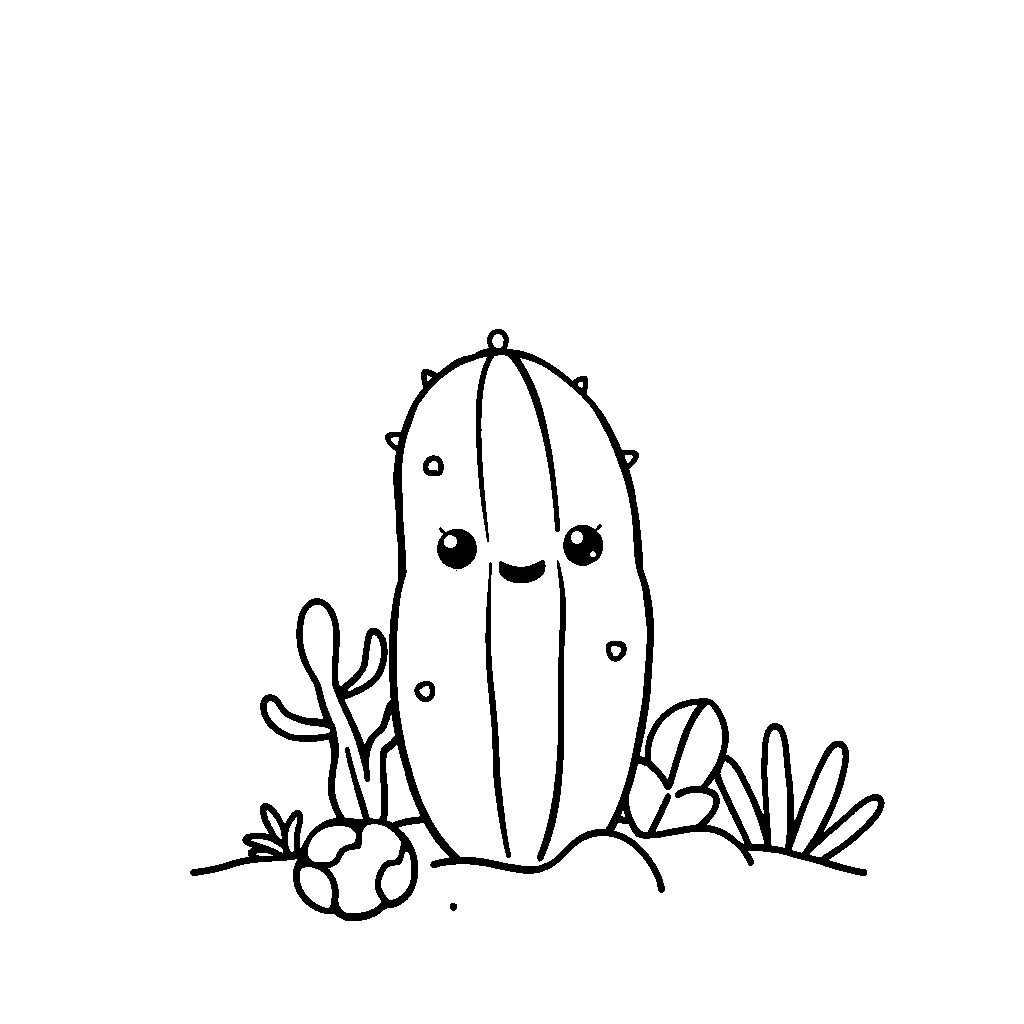 Kawaii Cactus Desert Coloring Page