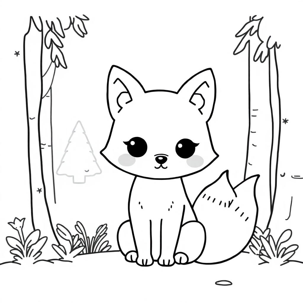Kawaii Fox In Forest Coloring Page