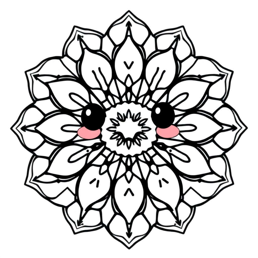 Kawaii Geometric Mandala Pattern Coloring Page