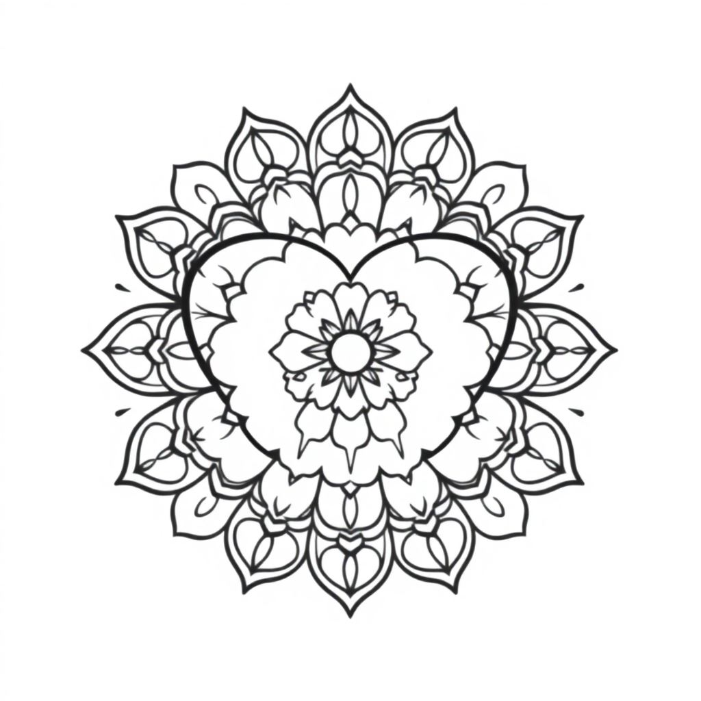 Kawaii Heart Shaped Mandala Coloring Page