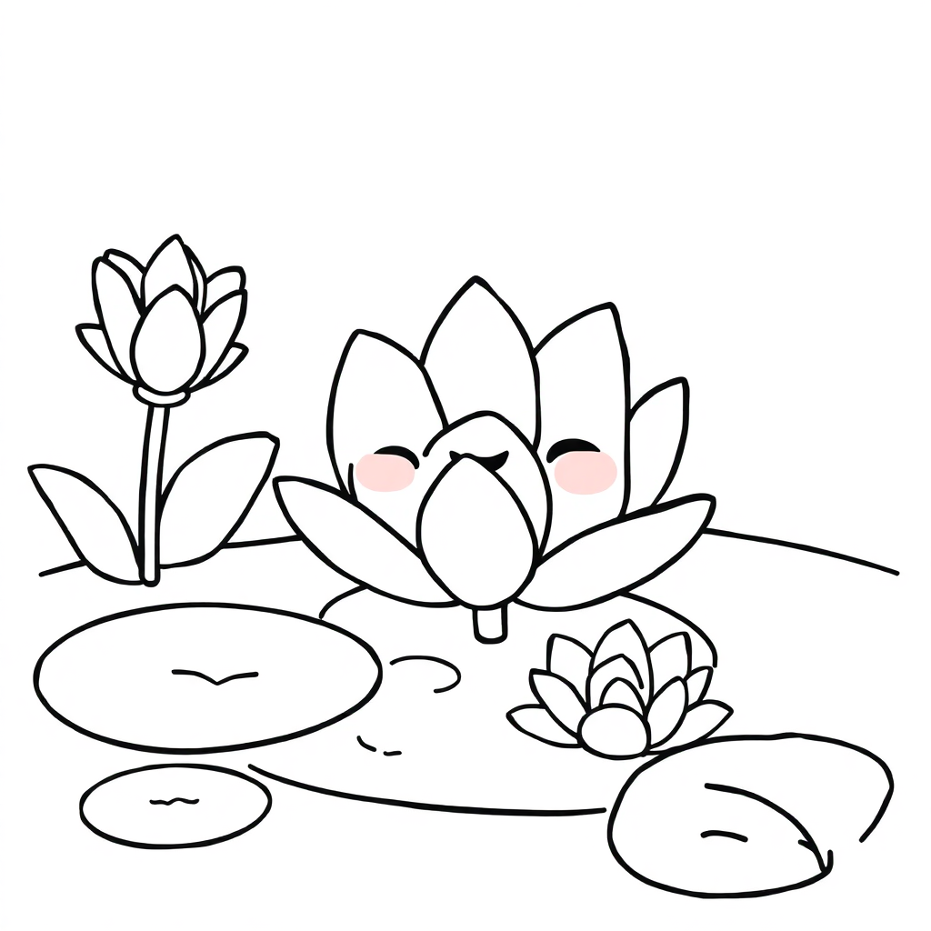 Kawaii Lily Pond Coloring Page