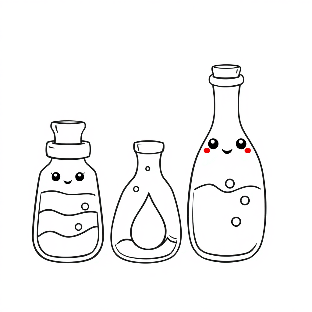 Kawaii Magical Potion Bottles Coloring Page