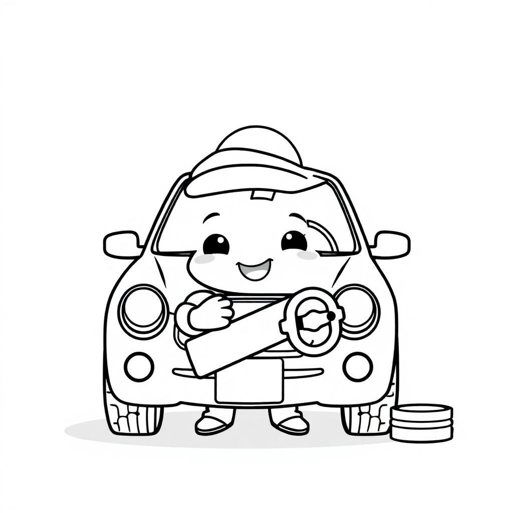 Kawaii Mechanic Fixing Car Coloring Page